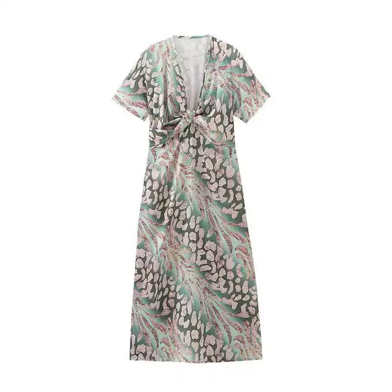 Women Print V-Neck Slim Midi Dress Fashion Casual Short Sleeves Bodycon Pleated Dress Vestidos New Summer Commute Elegant Robes