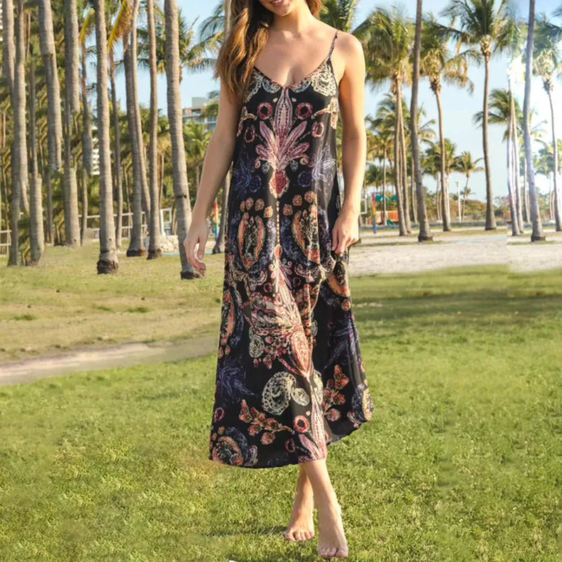 Women Slip Dress Y2K Vintage Sleeveless V-Neck Backless Printed Summer Long Dress Swing Sundress Holiday Beachwear