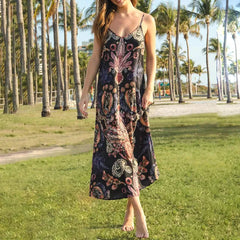 Women Slip Dress Y2K Vintage Sleeveless V-Neck Backless Printed Summer Long Dress Swing Sundress Holiday Beachwear