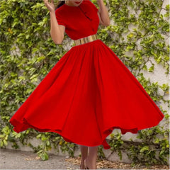 Women Vintage 1950S Retro Dress Elegant Rockabilly Short Sleeve a Line Swing Casual Prom Cocktail Midi Shirt Dress with Belt 3XL