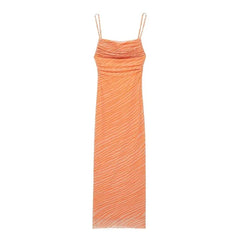 Pleated Printed Silk Mesh Dress for Women Summer Backless Simplicity Sexy Beach Style Party Long Camisole Mid-Calf Dresses