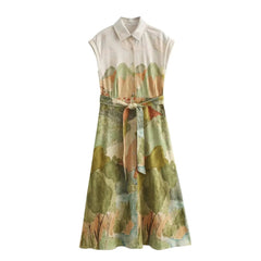 Women'S Casual Sleeveless Dress with Belt Decoration, Chic Lapel Button, Slim Dress, Spring and Summer, New Fashion, 2024