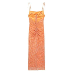Pleated Printed Silk Mesh Dress for Women Summer Backless Simplicity Sexy Beach Style Party Long Camisole Mid-Calf Dresses