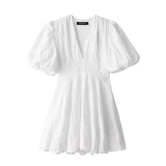 Embroidered Fluffy Short Dress for Women Summer V Neck Puff Sleeve Loose Midi Dress Casual Pleated Sexy Dresses