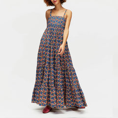 Women’S Boho Y2K Vintage Aesthetic Print Sleeveless Thin Shoulder Straps Tiered Beach Summer Flowy A-Line Long Dress