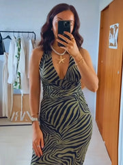 Women Halter Pleated Party Midi Long Dress Summer New Fashion Printed Silk Mesh Slim Fit Dress Women Temperament Dress Elegant