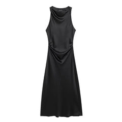 Slim Midi Dress for Women Summer with Casual Silk Texture Backless Long Dress Sleeveless Two Color Options Woman Dresses