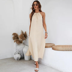 Woven Casual Vintage Style Halter Sleeveless Loose Large Backless Split Solid Seaside Vacation O Neck off Shoulder Dress Holiday