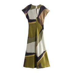 Printed Midi Dress for Women Spring Summer 2024 New Waist Knot Decoration Slim Fit Short Sleeved Dress