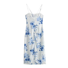 Holiday Blue Floral Print Corset Dress New Summer Sexy Hollow Out Midi Underwear Dress Woman Sleeveless Backless Party Dresses
