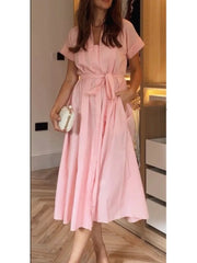 Women Shirt Style Dress with Belt Single Row Hidden Buckle Short Sleeved Pleated Monochromatic Midi Long Dress New Summer