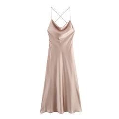 Pleated Satin Midi Dress Women Summer with Draped Neckline Thin Straps That Cross Long Dress Silk Texture Backless Dresses