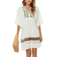 Boho Floral Embroidery Mini Dress for Women Casual V-Neck Half Sleeve Summer Dresses 2022 Beach Wear White Vestidos
