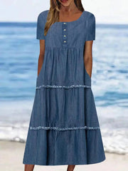Elegant Female Dress Loose O-Neck Short Sleeve Casual Clothing Denim Outfits Solid Color Cascading Ruffles Big Swing Long Dresse