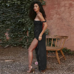 Elegant Spaghetti Strap Backless Sexy Maxi Dress for Women Fashion Wooden Ear Edge Splicing Sleeveless Bodycon Club Party Dress