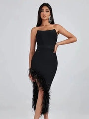 Luxury Black Feathers Strapless Bandage Dress Eveing Midi Backless Split Sexy Dress Bodycon Celebrity Party Vestidos