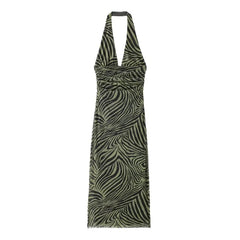 Women Halter Pleated Party Midi Long Dress Summer New Fashion Printed Silk Mesh Slim Fit Dress Women Temperament Dress Elegant