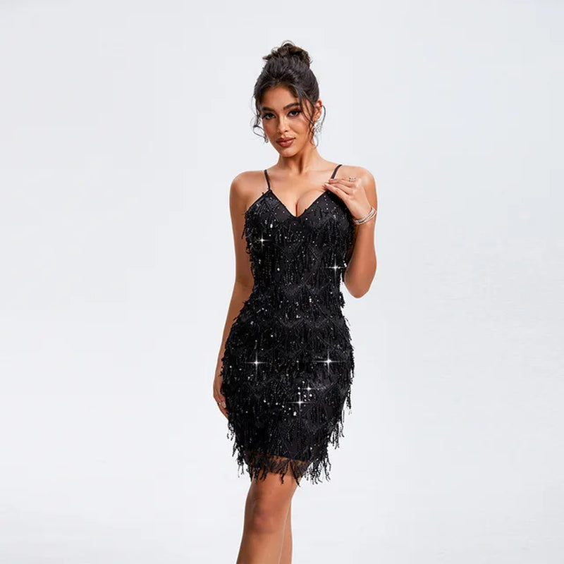 V-Neck Sequin Tassel Sleeveless Suspender Party Hot Diamond Dress Latin Dance Ballroom Dress Standard