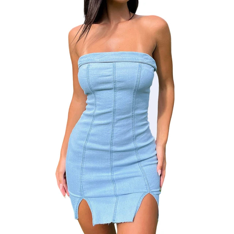 Women Sexy Tunic Dress Solid Color Backless Summer Mini Dress Side Slit Strapless Short Dress Zipper Spicy Girl Vacation Outfit