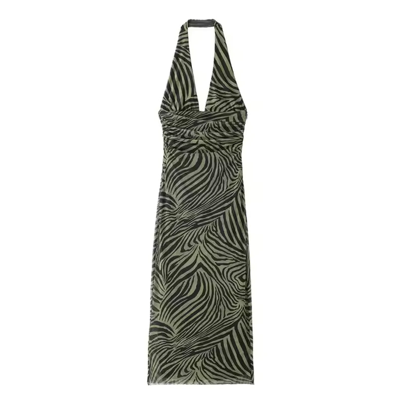 Women Halter Pleated Party Midi Long Dress Summer New Fashion Printed Silk Mesh Slim Fit Dress Women Temperament Dress Elegant