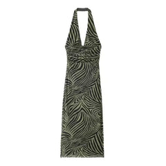 Women Halter Pleated Party Midi Long Dress Summer New Fashion Printed Silk Mesh Slim Fit Dress Women Temperament Dress Elegant