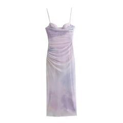 Elegant Print Ruched Fold Tulle Dresses for Women Bodycon Slip Midi Dress Woman Sexy Backless Party Female Dress Summer Women
