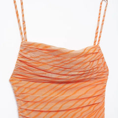 Pleated Printed Silk Mesh Dress for Women Summer Backless Simplicity Sexy Beach Style Party Long Camisole Mid-Calf Dresses