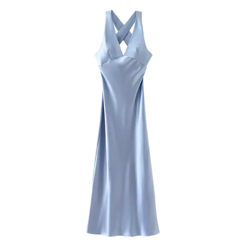 Crossed Shoulder Strap Midi Dress for Women Sleeveless Solid Color Slim with Satin Texture Sexy Long Dresses