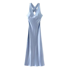 Crossed Shoulder Strap Midi Dress for Women Sleeveless Solid Color Slim with Satin Texture Sexy Long Dresses
