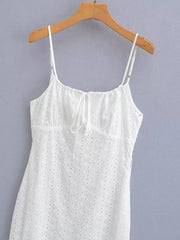 Vintage Cotton White Embroidery Strap Lace Dress Women Sexy See through Sleeveless Boho Beach Dresses Summer Vestidos