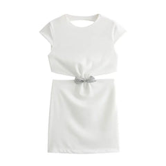 Treasure Bow Backless Short Midi Dress for Women Summer New Sexy Hollow Out Sleeveless Solid Color Slim Causal Party Dress