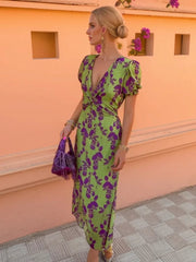Vintage Print Twisted Midi Dress for Women Sexy Deep V-Neck Puff Short Sleeve Slim Robes 2024 Chic Lady Casual Vacation Vestidos