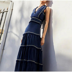 Fashion V Neck Sleeveless High Waist Dress Women Vintage Fringes Spliced Midi Ruffles Dress 2024 Summer Lady Party Vestidos