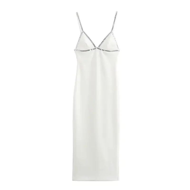 TRAF Women Jewelry Studded MIDI Dress Summer Slim Backless Back Zipper Straight Neckline Thin Straps Sexy Long Dresses