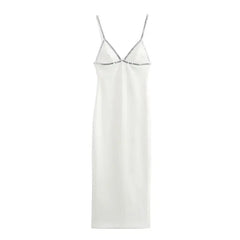 TRAF Women Jewelry Studded MIDI Dress Summer Slim Backless Back Zipper Straight Neckline Thin Straps Sexy Long Dresses