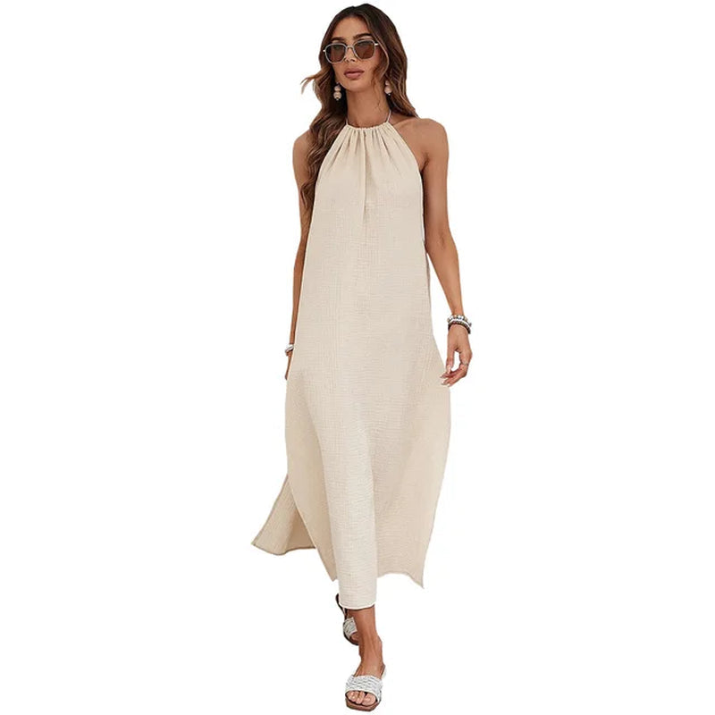 Woven Casual Vintage Style Halter Sleeveless Loose Large Backless Split Solid Seaside Vacation O Neck off Shoulder Dress Holiday