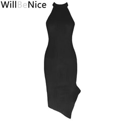Halter Black Sexy Club Bandage Backless Dress Asymmetrical Mini Bodycon Party Dress Zipper Strips Vestidos Clearance