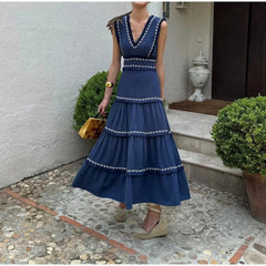 Fashion V Neck Sleeveless High Waist Dress Women Vintage Fringes Spliced Midi Ruffles Dress 2024 Summer Lady Party Vestidos