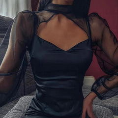 Sexy Dress Women Black Hook Eye Collar Hollow Out Miniskirt Party Club Wrap Skirt Sales Leather Socks Black Dress Gauze Sheath