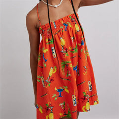 Women'S Mini Lounge Dress Loose Fashion Print Square Neck Open Back Cross Spaghetti Strap Dress for Summer Vintage