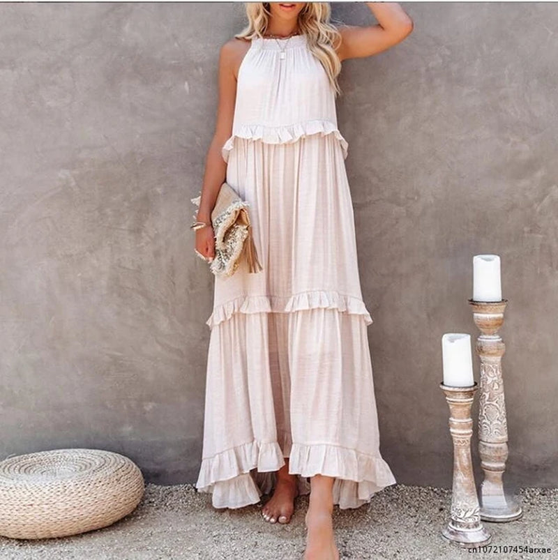 Solid Casual Loose Boho Long Dress Women Summer Casual Ruffle Pullover Beach Dress Elegant Sleeveless Hollow Tie-Up Party Dress
