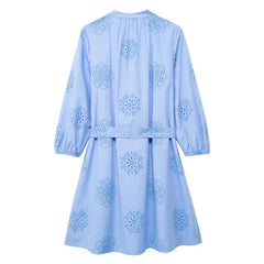 Embroidery Short Dress for Women Summer Rubberised Casual Poplin Short Sleeved Sashes Button Dresses Blue Midi Dress