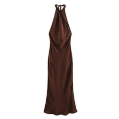 Backless Midi Dress Women Summer with Hanging Neck Style Silk Texture Sleeveless Party Sexy Brown Long Dresses