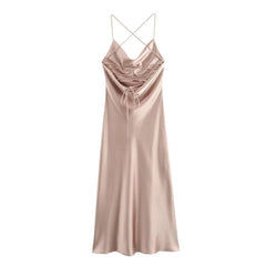 Pleated Satin Midi Dress Women Summer with Draped Neckline Thin Straps That Cross Long Dress Silk Texture Backless Dresses