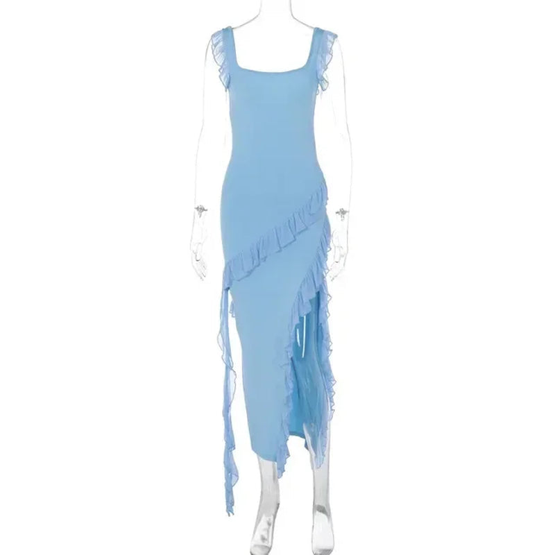 Elegant Spaghetti Strap Backless Sexy Maxi Dress for Women Fashion Wooden Ear Edge Splicing Sleeveless Bodycon Club Party Dress