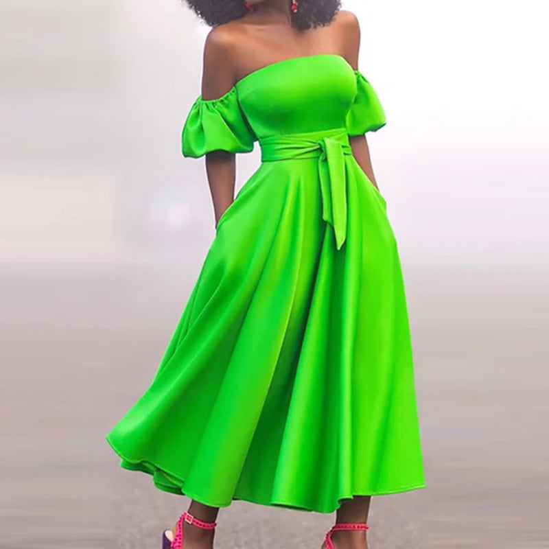 Patchwork off Shoulder Summer Casual Dress Women Loose Short Sleeve Solid Dress Elegant Femme Slim Party Holiday Dress Vestidos