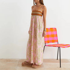 Fashion Women Spaghetti Strap Maxi Dress Y2K Vintage Print Boat Neck Sleeveless Backless Cami Long Bodice Dresses