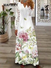 Elegant Women Patchwork Lace Party Dress Slim Fit Lady Print V Neck Long Dress Summer Hollow Out Full Sleeve Chic Dress Vestidos