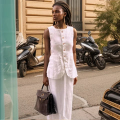 Women Vintage Buttons Vest Set Fashion Sleeveless Square Collar Waistcoat Blouse White High Waisted Skirt Commuting Work Clothes
