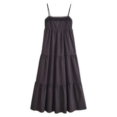 Backless European American Fashion Style Layered Patchwork Poplin Midi Dress with Sexy Sleeveless Party Long Dresses